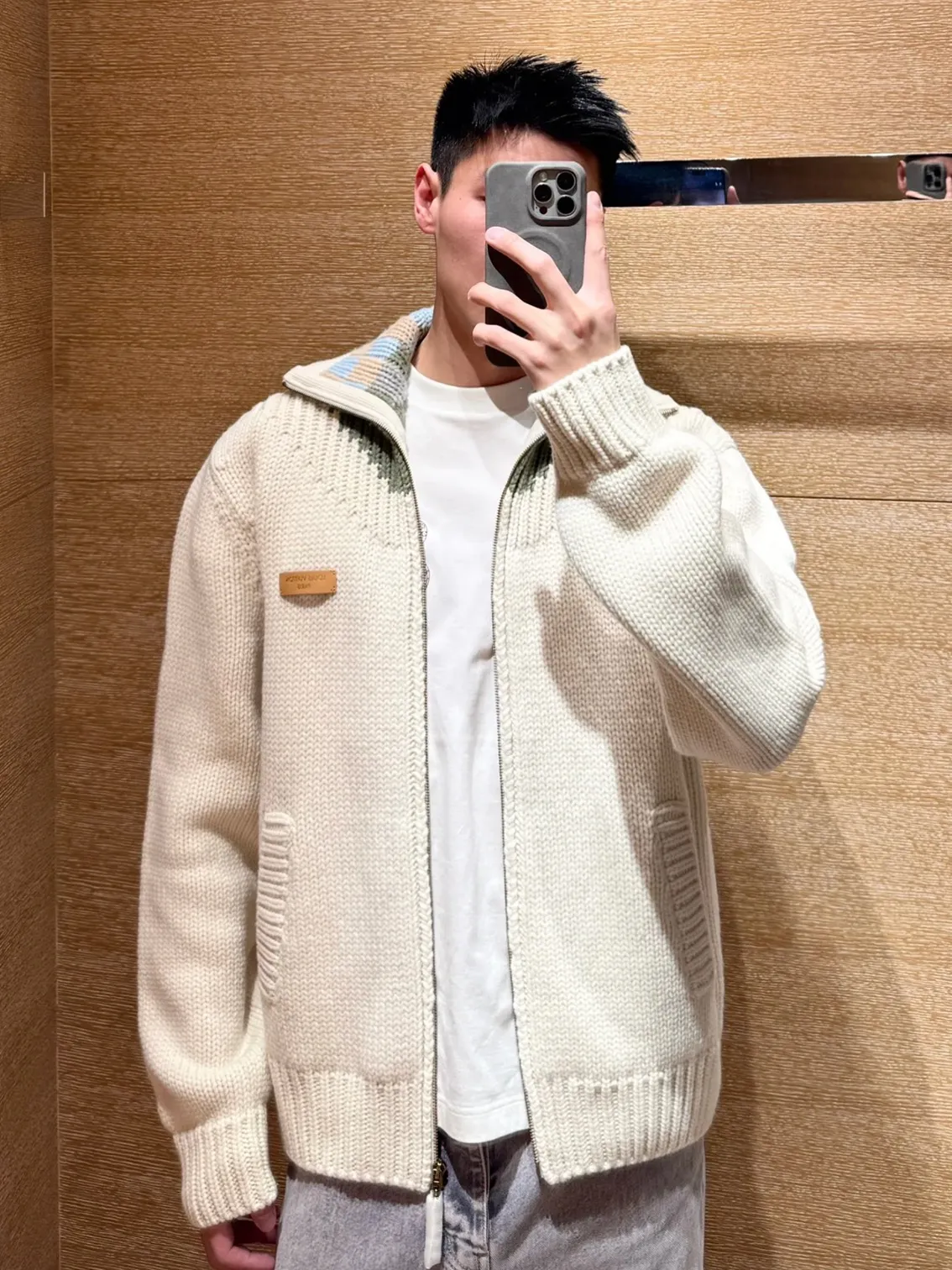 Louis Vuitton/Louis Vuitton leather checkerboard intarsia stand-up collar sweater jacket